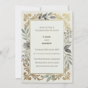 Gold Scrollwork Sage Wedding Invitation