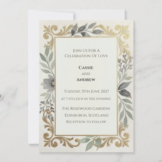 Gold Scrollwork Sage Wedding Invitation (Front)
