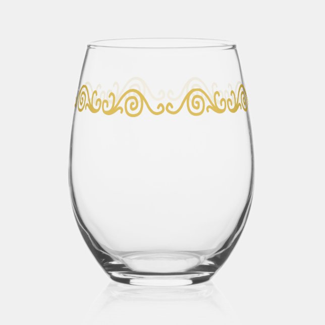Gold Scrollwork Stemless Wine Glass (Front)