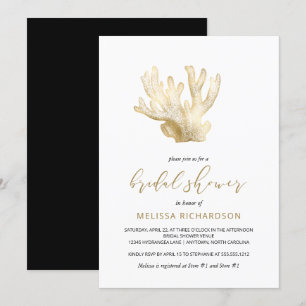 Gold Sea Coral Black White Beach Bridal Shower Invitation