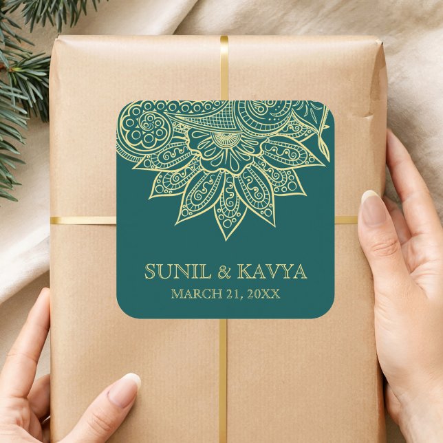 Gold Sea Green Mehendi Henna Indian Wedding Favour Square Sticker (Creator Uploaded)