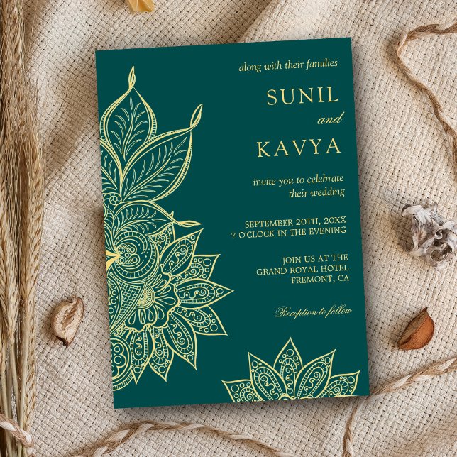 Gold Sea Green Mehendi Henna Indian Wedding Invitation (Creator Uploaded)