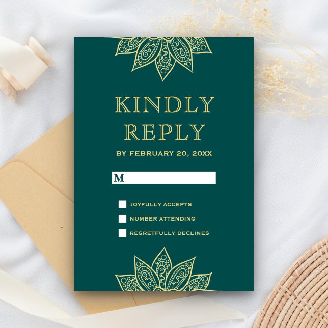 Gold Sea Green Mehendi Henna Indian Wedding RSVP Card (Creator Uploaded)