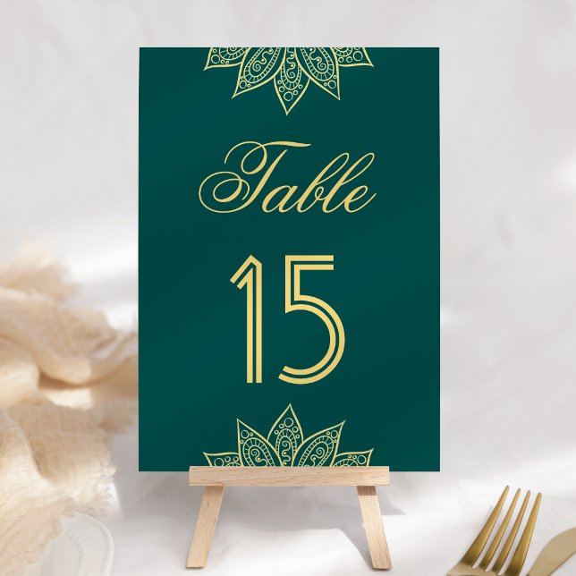 Gold Sea Green Mehendi Henna Indian Wedding Table Number (Creator Uploaded)