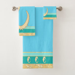 Gold Sea Horse with Aqua and Turquoise Stripes Bath Towel Set