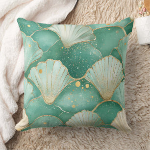 Gold Sea Shell Wave Pattern in Aqua Teal Cushion