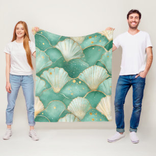 Gold Sea Shell Wave Pattern in Aqua Teal Fleece Blanket