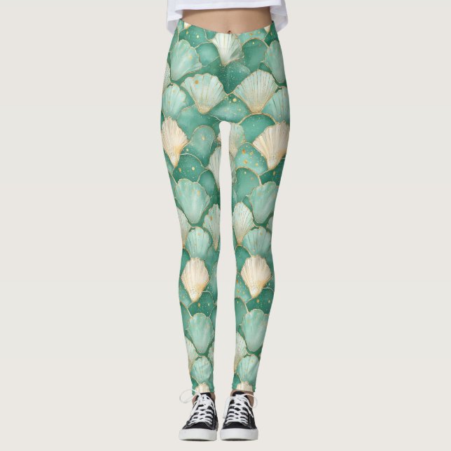 Gold Sea Shell Wave Pattern in Aqua Teal Leggings (Front)