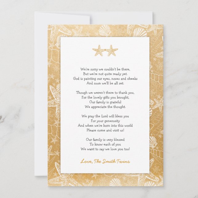 Gold Sea Shells Starfish neutral Twins thank you Invitation (Front)