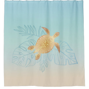 Gold Sea Turtle Tropical Leaves Shower Curtain
