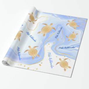 Gold Sea Turtles Ink Blue  Mele Kalikimaka Wrapping Paper