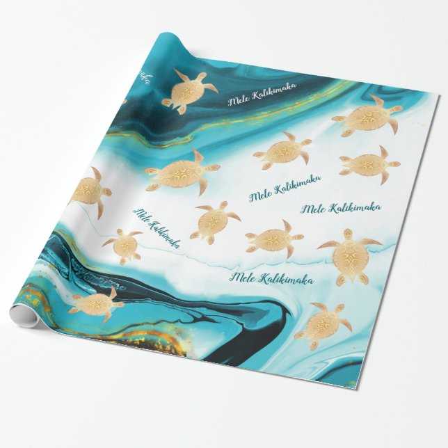 Gold Sea Turtles Ink Turquoise | Mele Kalikimaka  Wrapping Paper (Unrolled)