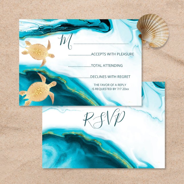 Gold Sea Turtles Turquoise Beach Wedding RSVP Card (Creator Uploaded)