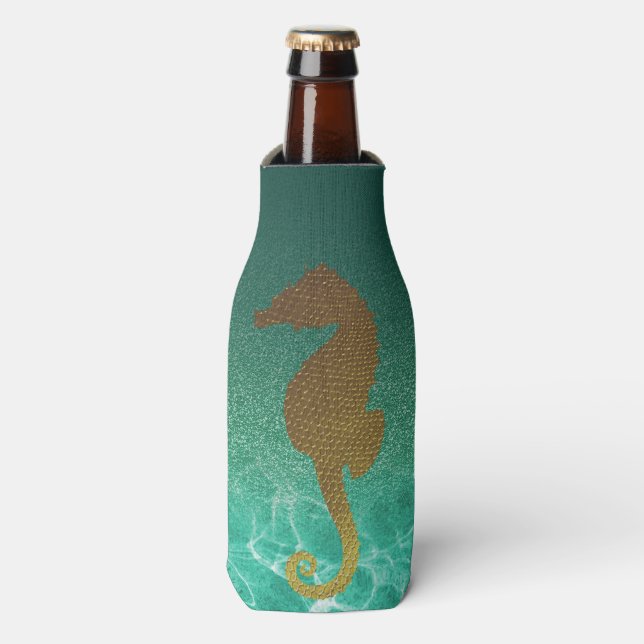Gold Seahorse and Turquoise Glitter Bottle Cooler (Bottle Front)