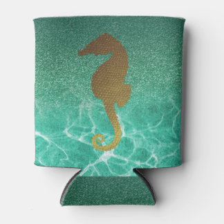Gold Seahorse and Turquoise Glitter Can Cooler