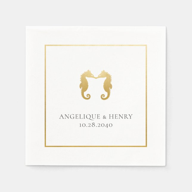 Gold Seahorse Personalised Beach Wedding Napkin (Front)