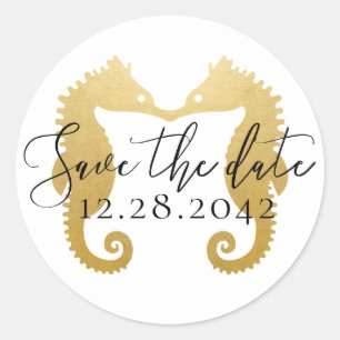Gold Seahorses Kissing Beach Wedding Save the Date Classic Round Sticker