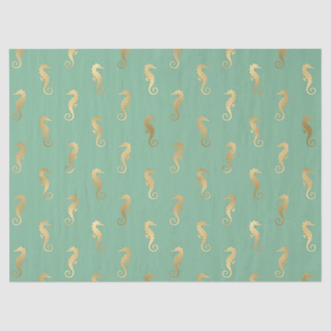 Gold Seahorses on Turquoise/Aquamarine Decoupage Tissue Paper (Front)