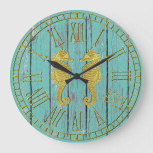 Gold Seahorses Your Colour Weathered Wood Large Clock