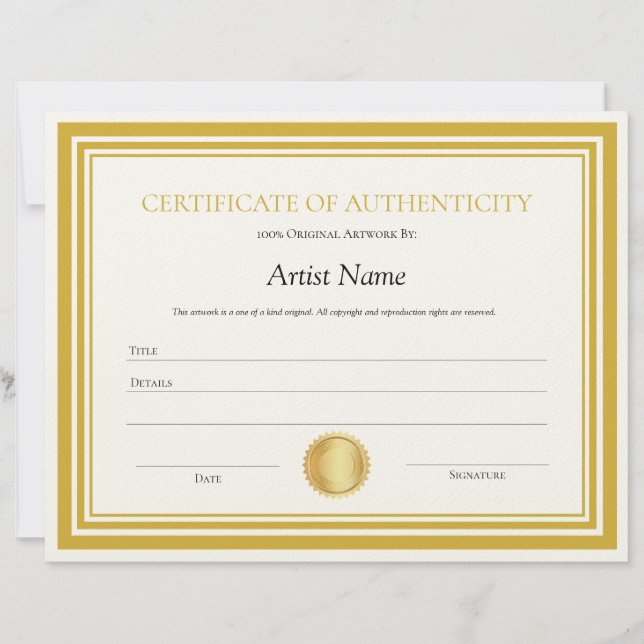 Gold Seal Certificate of Authenticity Template  Custom Letterhead (Front)