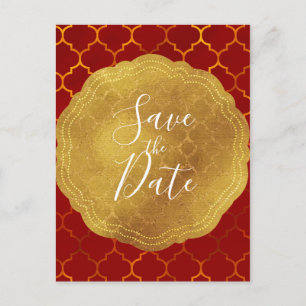Gold Seal Foil Fiery Red Indian Save the Date Announcement Postcard