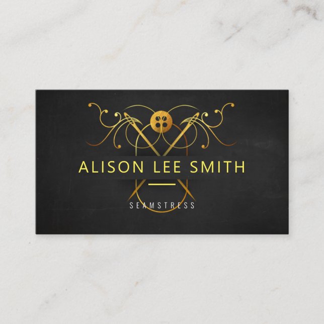 Gold Seamstress Hand sewn Dressmaker Business Card (Front)