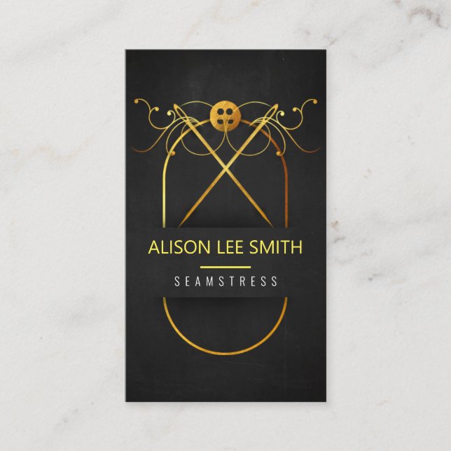 Gold Seamstress Hand sewn Dressmaker Business Card (Front)