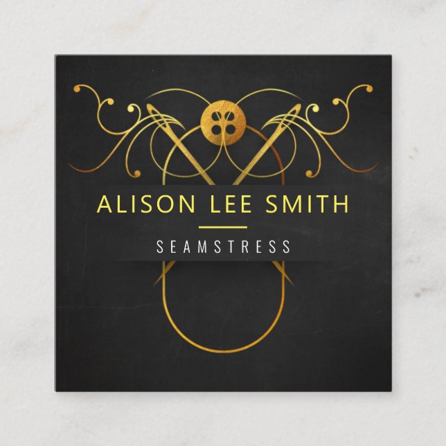 Gold Seamstress Hand sewn Dressmaker Square Business Card (Front)