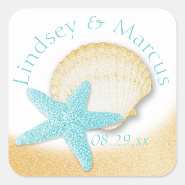 Gold Seashell and Aqua Starfish Sparkle Beach Square Sticker (Front)