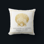 Gold Seashell Beach Wedding Date Keepsake Cushion<br><div class="desc">Gold seashell on a modern beach wedding names and date keepsake gift pillow which can also double as chic wedding decor at a modern topical reception.</div>