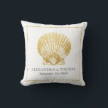 Gold Seashell Beach Wedding Date Keepsake Cushion<br><div class="desc">Gold seashell on a modern beach wedding names and date keepsake gift pillow which can also double as chic wedding decor at a modern topical reception.</div>