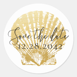 Gold Seashell Beach Wedding Save the Date Classic Round Sticker