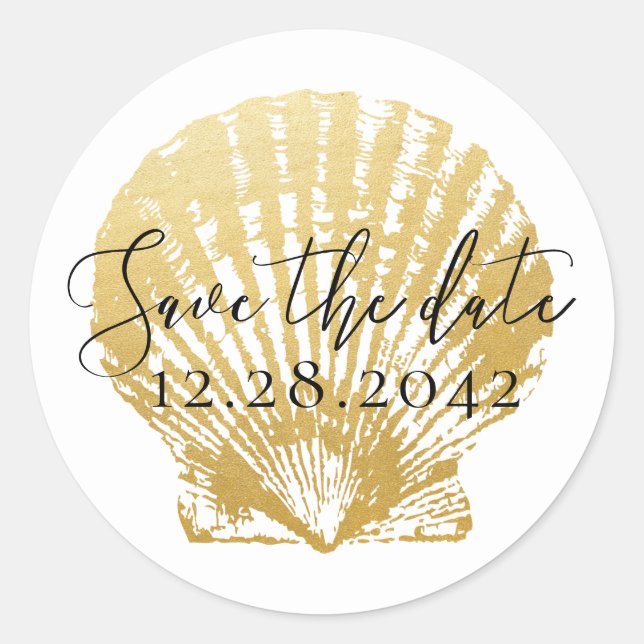 Gold Seashell Beach Wedding Save the Date Classic Round Sticker (Front)