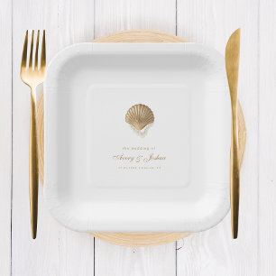 Gold Seashell Coastal Wedding Drink Paper Plate