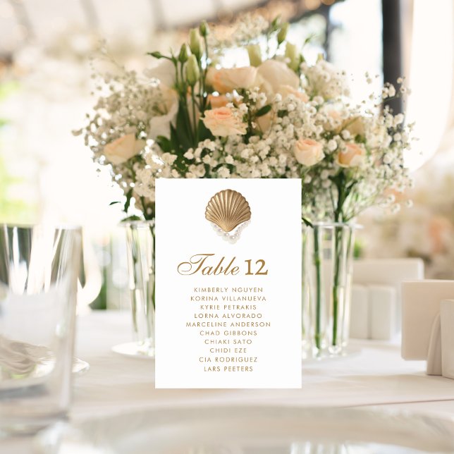Gold Seashell Coastal Wedding Seating Chart Sign Table Number (Creator Uploaded)