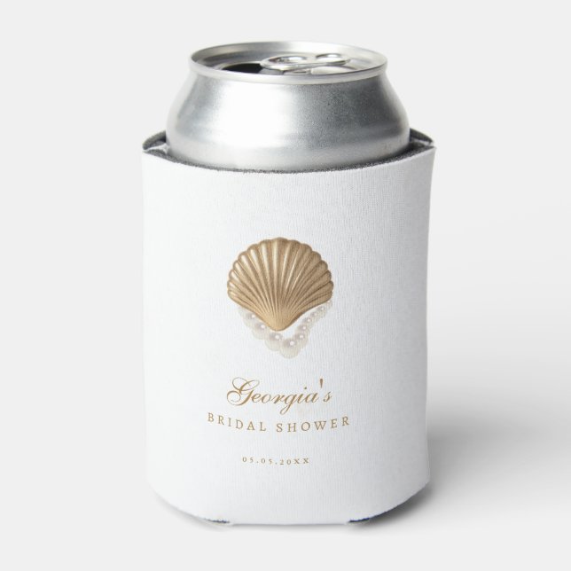 Gold Seashell Custom Coastal Bridal Shower Favor Can Cooler (Can Front)