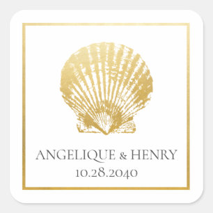 Gold Seashell Elegant Coastal Beach Square Sticker