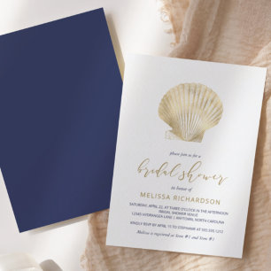 Gold Seashell Navy Blue Beach Bridal Shower Invitation