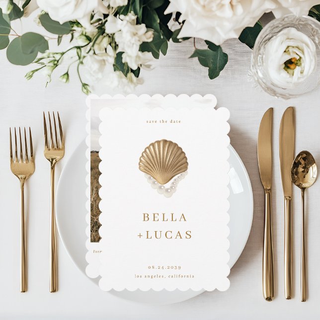 Gold Seashell & Pearls QR Code Coastal Wedding Save The Date (Creator Uploaded)