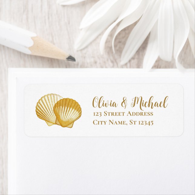 Gold Seashell Scallop Wedding Return Address  (Insitu)