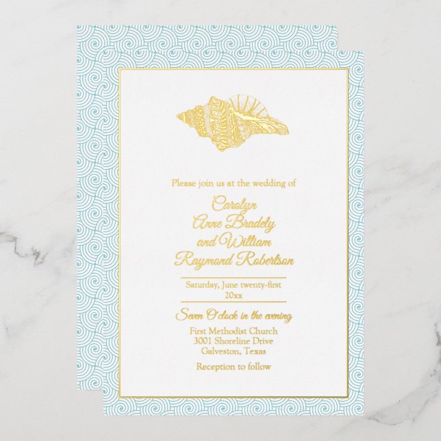 Gold Seashell with Aqua Frame Wedding (Front/Back)