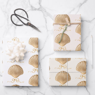 Gold Seashell with Coquette Bow Christmas Gift Wrapping Paper Sheet