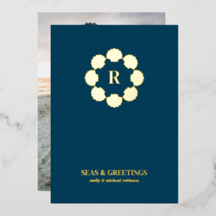 Gold Seashell Wreath Seas And Greetings Photo Foil Holiday Card