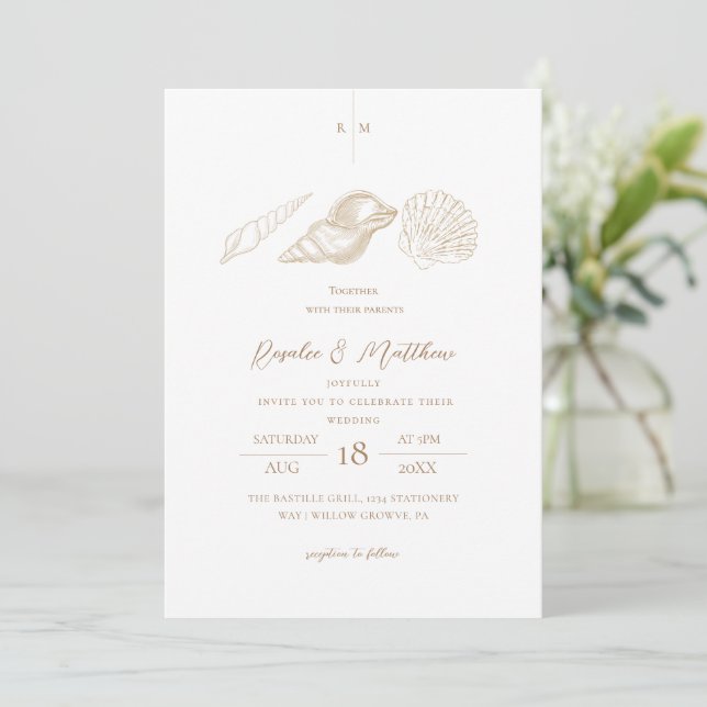 Gold Seashells Elegant Minimalist Wedding  Invitation (Standing Front)