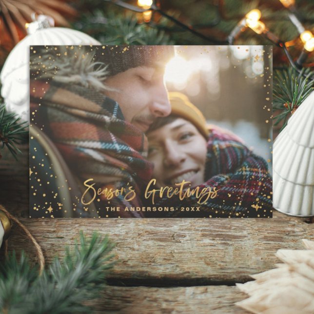 Gold season's greetings stars 1 photo holiday card (Creator Uploaded)