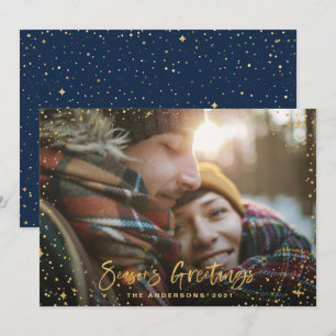 Gold season's greetings stars 1 photo navy blue holiday card