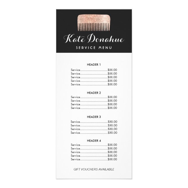 Gold Sequin Comb Hairstylist Salon Price List Menu (Front)