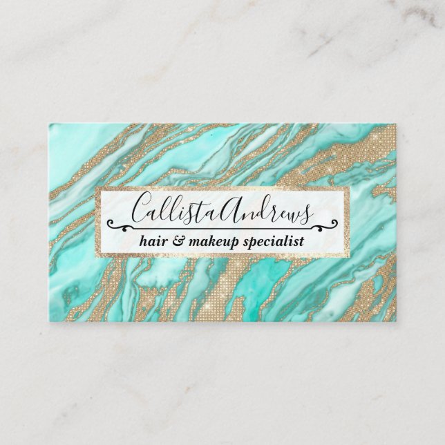 Gold Sequin Glitter Teal Smoky Marble Business Card (Front)