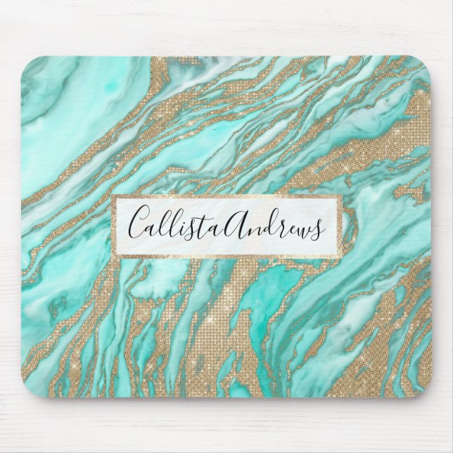 Gold Sequin Glitter Teal Smoky Marble Mouse Mat (Front)