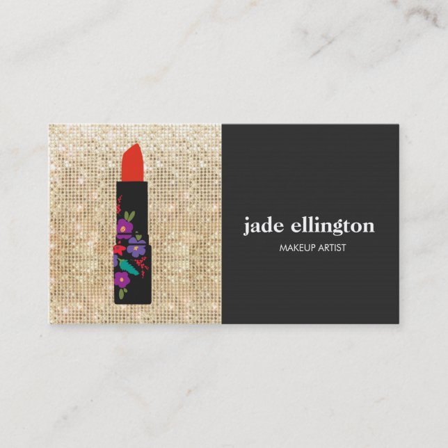 Gold Sequin Makeup Artist Floral Lipstick Beauty Business Card (Front)